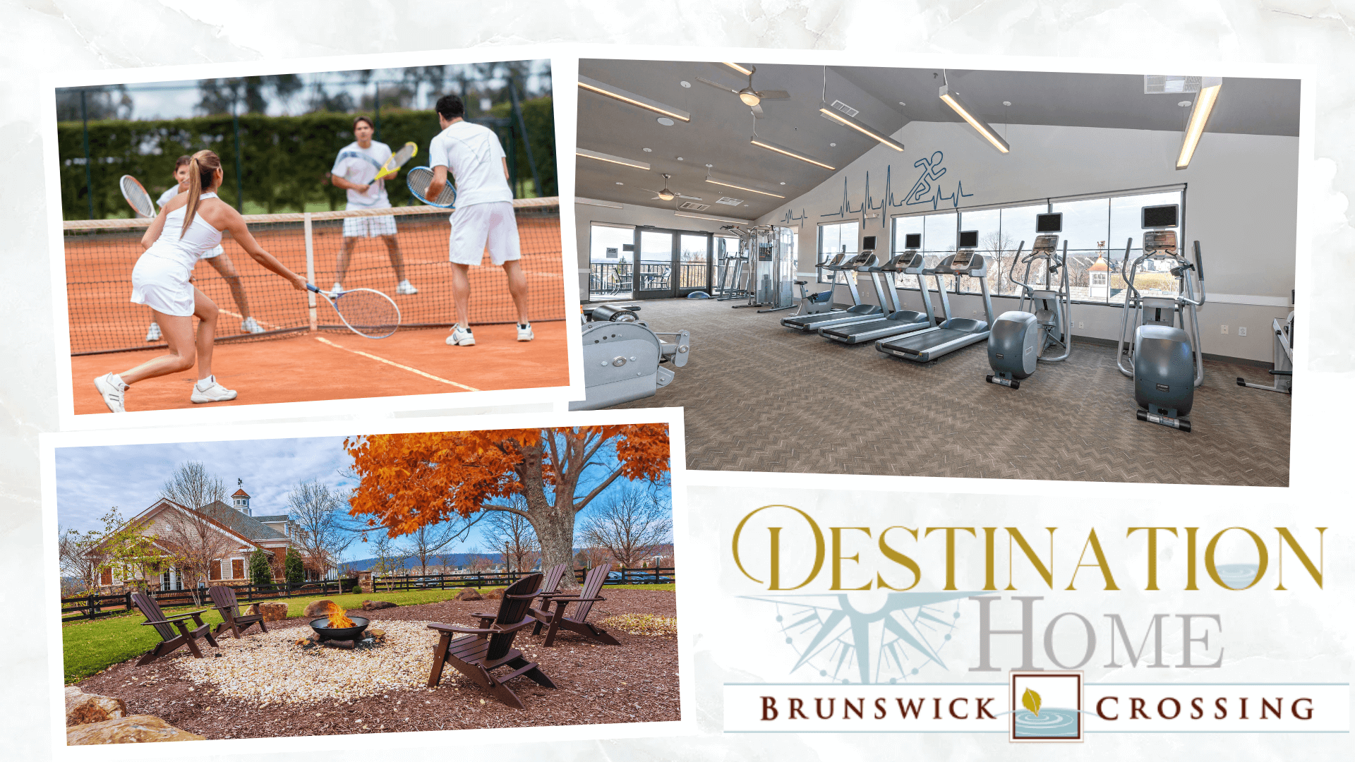 Luxury living at Brunswick Crossing with tennis courts, gym, and outdoor fire pit.